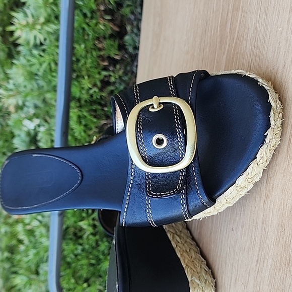 Coach Women's Sz 10 B Greer Black Leather Jute Wedge Gold Buckle Sandals - Picture 6 of 13